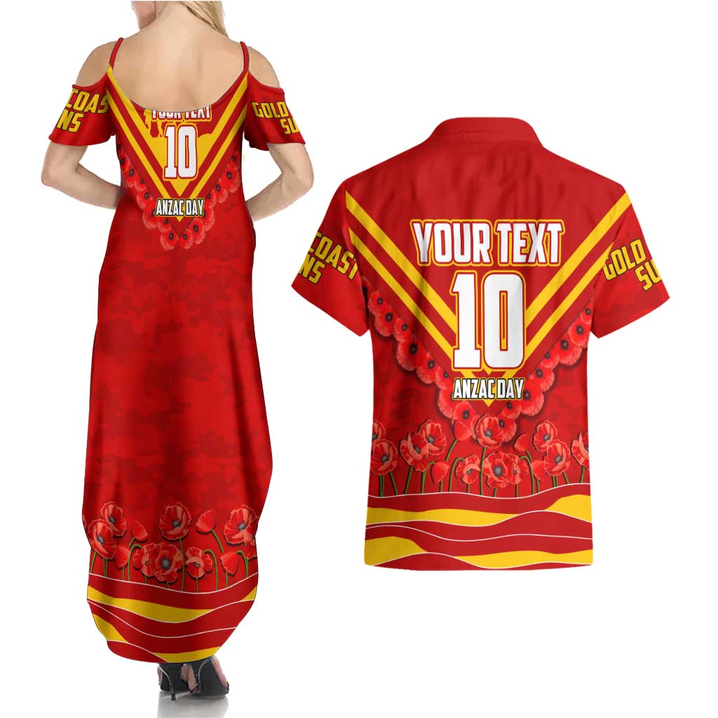 Personalised Gold Coast Suns ANZAC Couples Matching Summer Maxi Dress and Hawaiian Shirt Military Remembrance Australian Football Mascot Camouflage