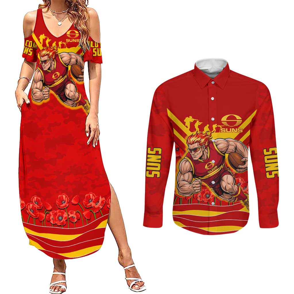 Personalised Gold Coast Suns ANZAC Couples Matching Summer Maxi Dress and Long Sleeve Button Shirt Military Remembrance Australian Football Mascot Camouflage