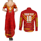 Personalised Gold Coast Suns ANZAC Couples Matching Summer Maxi Dress and Long Sleeve Button Shirt Military Remembrance Australian Football Mascot Camouflage