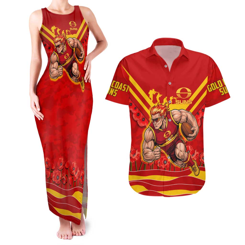 Personalised Gold Coast Suns ANZAC Couples Matching Tank Maxi Dress and Hawaiian Shirt Military Remembrance Australian Football Mascot Camouflage