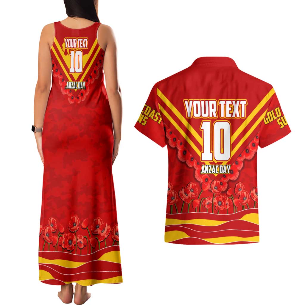 Personalised Gold Coast Suns ANZAC Couples Matching Tank Maxi Dress and Hawaiian Shirt Military Remembrance Australian Football Mascot Camouflage