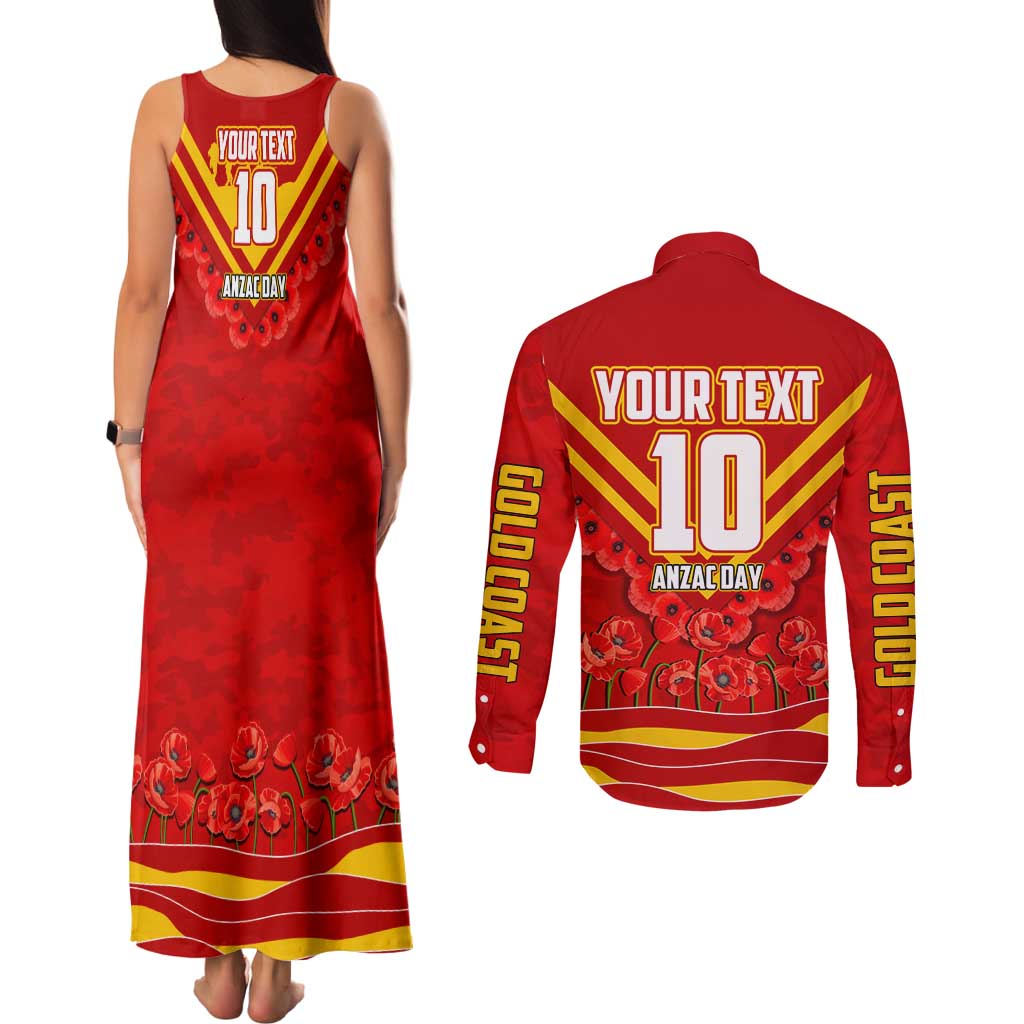 Personalised Gold Coast Suns ANZAC Couples Matching Tank Maxi Dress and Long Sleeve Button Shirt Military Remembrance Australian Football Mascot Camouflage