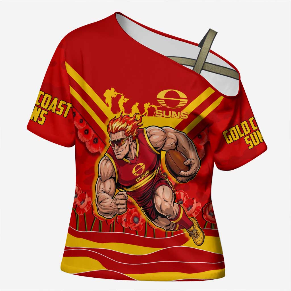 Personalised Gold Coast Suns ANZAC Cross Shoulder Shirt Military Remembrance Australian Football Mascot Camouflage