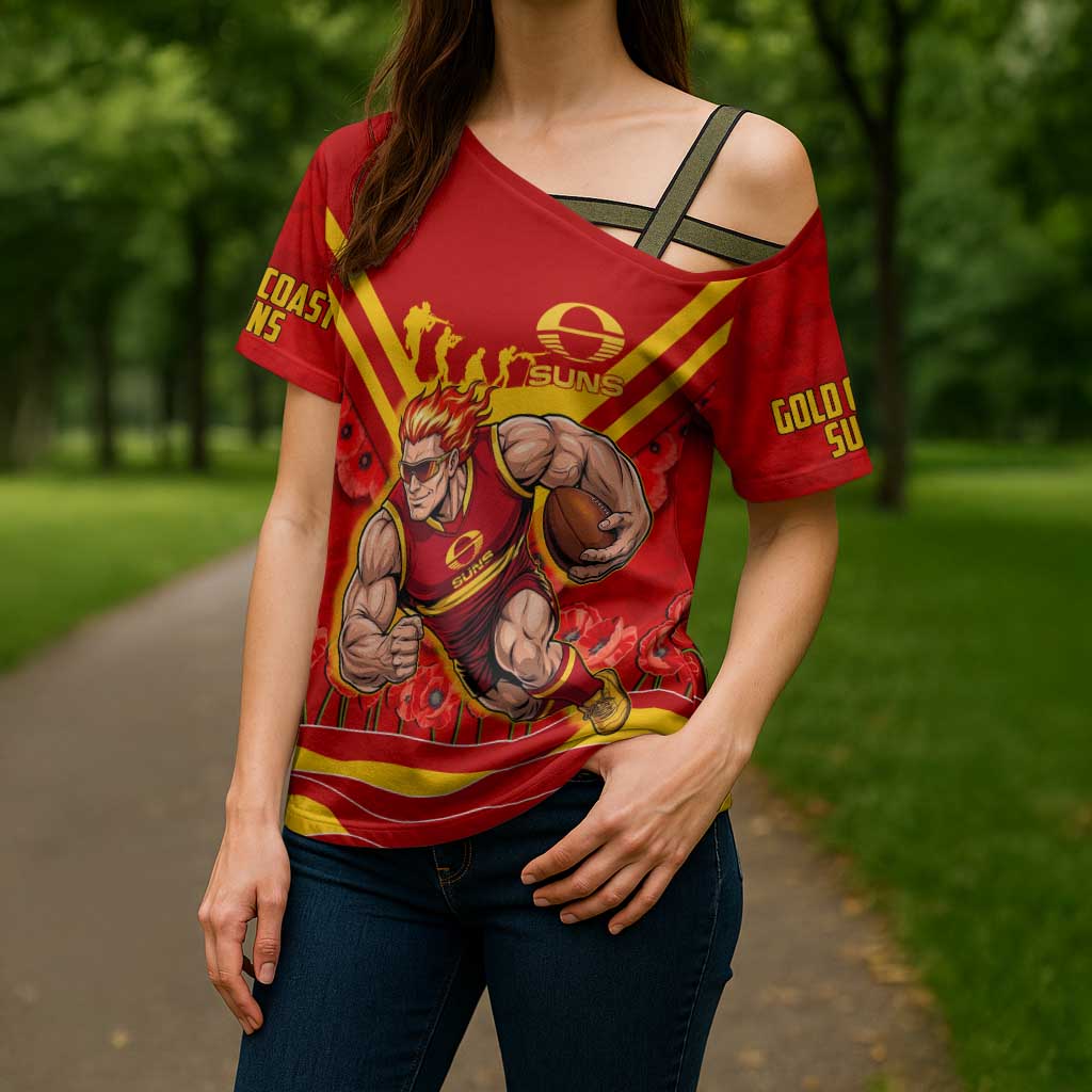 Personalised Gold Coast Suns ANZAC Cross Shoulder Shirt Military Remembrance Australian Football Mascot Camouflage