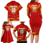 Personalised Gold Coast Suns ANZAC Family Matching Long Sleeve Bodycon Dress and Hawaiian Shirt Military Remembrance Australian Football Mascot Camouflage