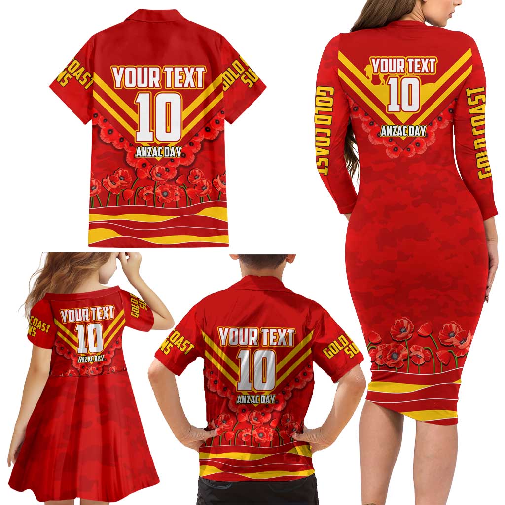 Personalised Gold Coast Suns ANZAC Family Matching Long Sleeve Bodycon Dress and Hawaiian Shirt Military Remembrance Australian Football Mascot Camouflage