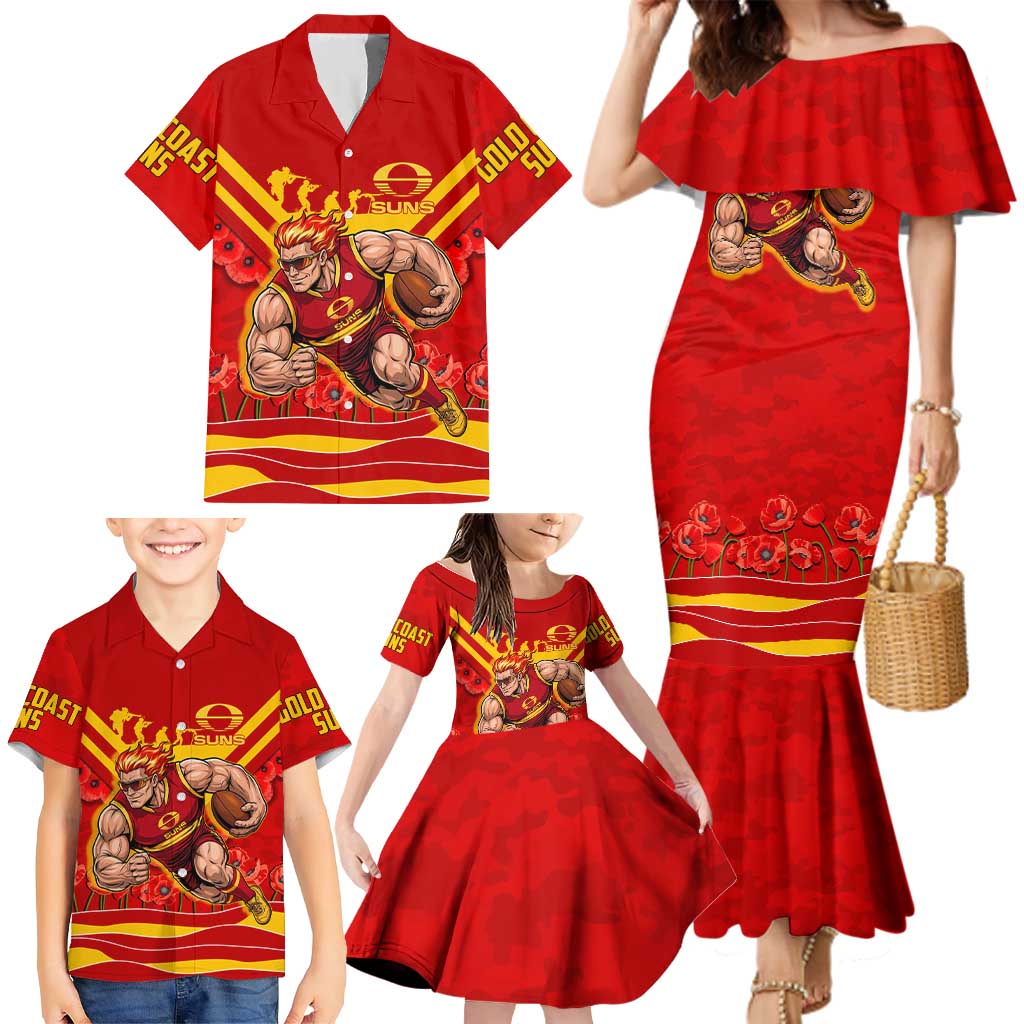 Personalised Gold Coast Suns ANZAC Family Matching Mermaid Dress and Hawaiian Shirt Military Remembrance Australian Football Mascot Camouflage