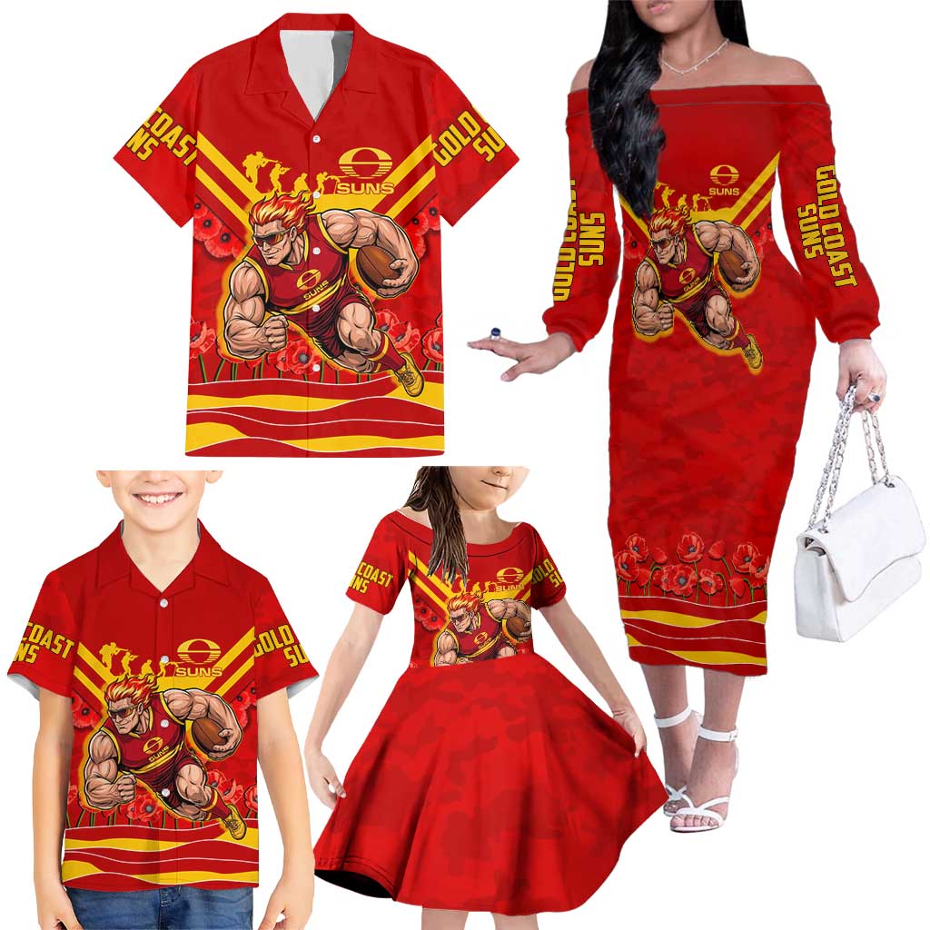 Personalised Gold Coast Suns ANZAC Family Matching Off The Shoulder Long Sleeve Dress and Hawaiian Shirt Military Remembrance Australian Football Mascot Camouflage