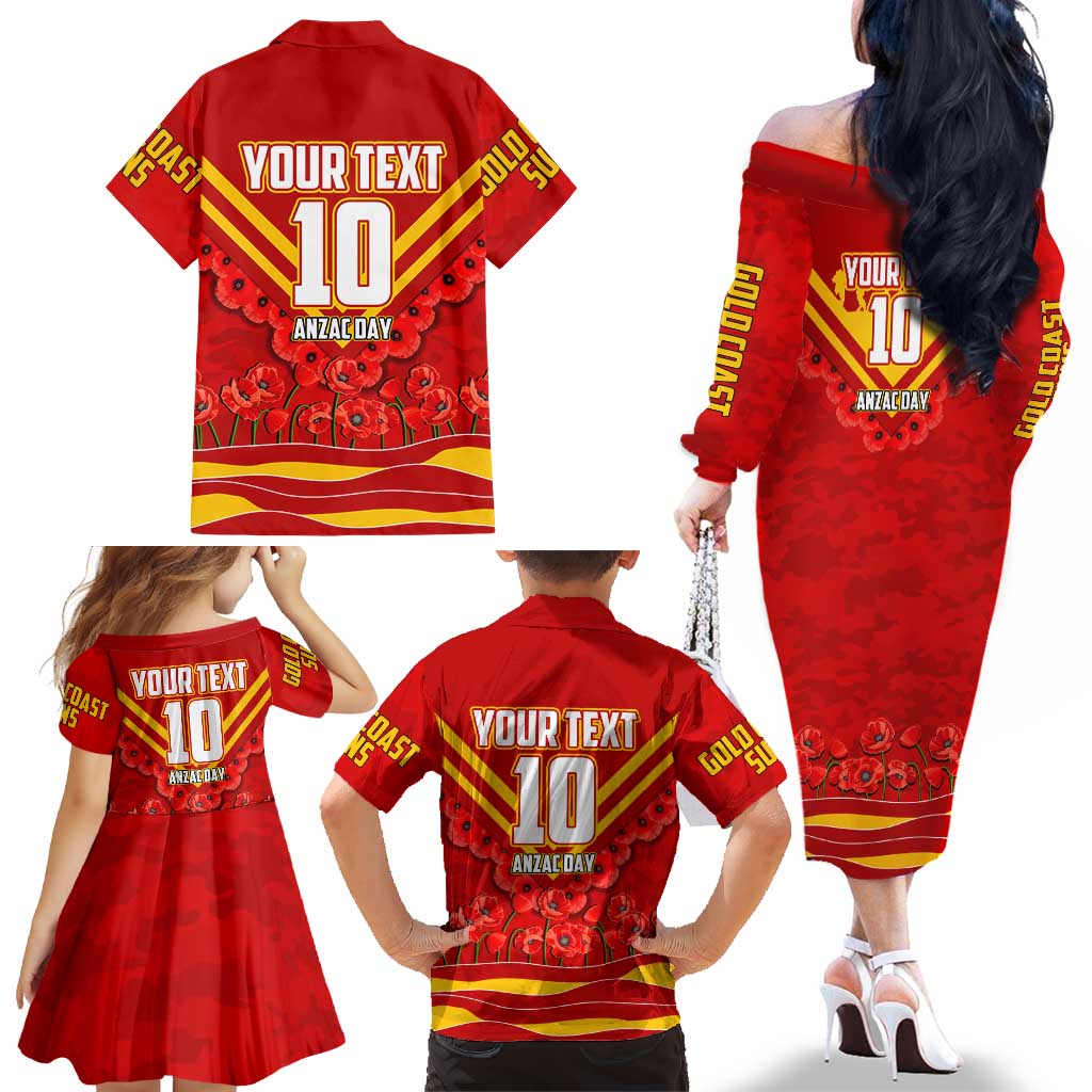 Personalised Gold Coast Suns ANZAC Family Matching Off The Shoulder Long Sleeve Dress and Hawaiian Shirt Military Remembrance Australian Football Mascot Camouflage
