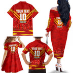 Personalised Gold Coast Suns ANZAC Family Matching Off The Shoulder Long Sleeve Dress and Hawaiian Shirt Military Remembrance Australian Football Mascot Camouflage