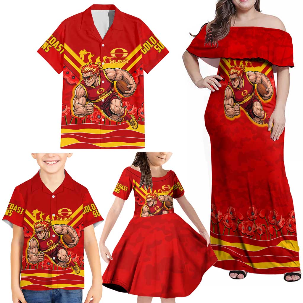 Personalised Gold Coast Suns ANZAC Family Matching Off Shoulder Maxi Dress and Hawaiian Shirt Military Remembrance Australian Football Mascot Camouflage