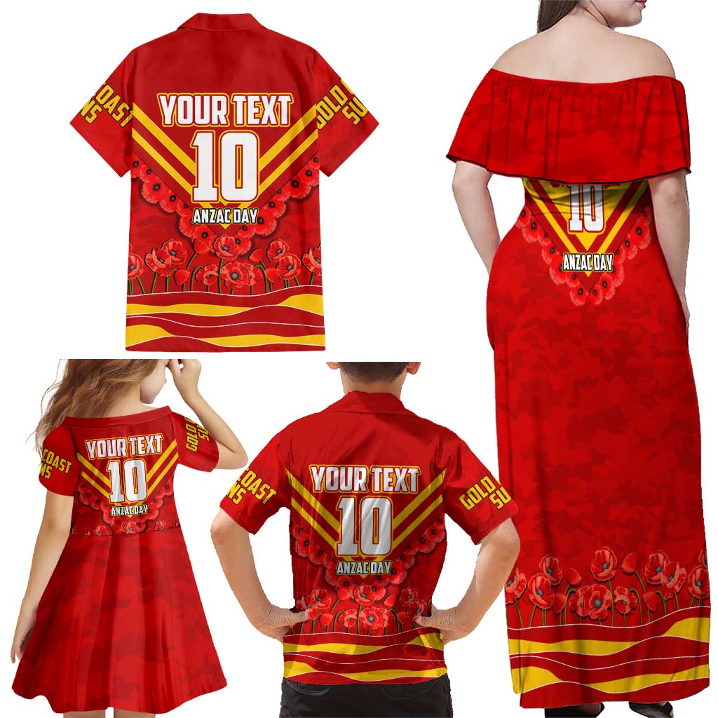 Personalised Gold Coast Suns ANZAC Family Matching Off Shoulder Maxi Dress and Hawaiian Shirt Military Remembrance Australian Football Mascot Camouflage