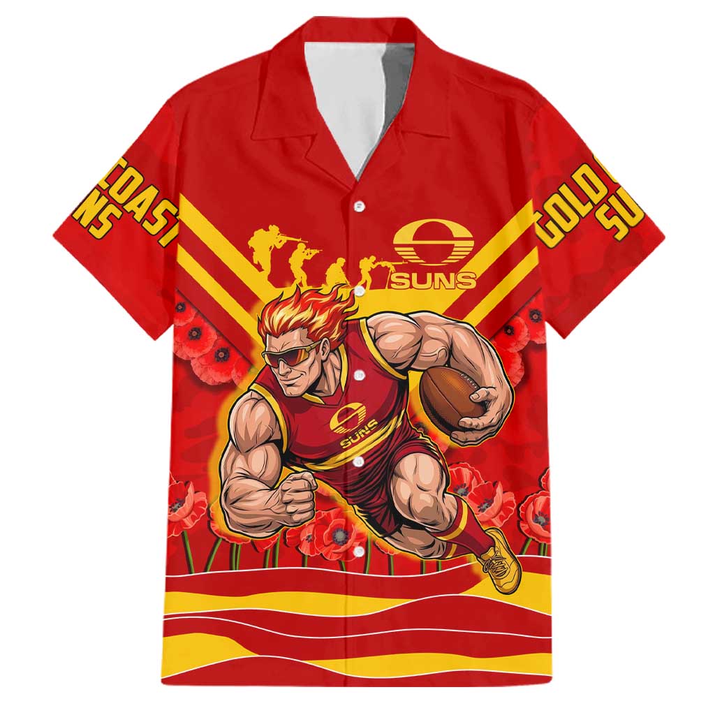 Personalised Gold Coast Suns ANZAC Family Matching Off Shoulder Maxi Dress and Hawaiian Shirt Military Remembrance Australian Football Mascot Camouflage