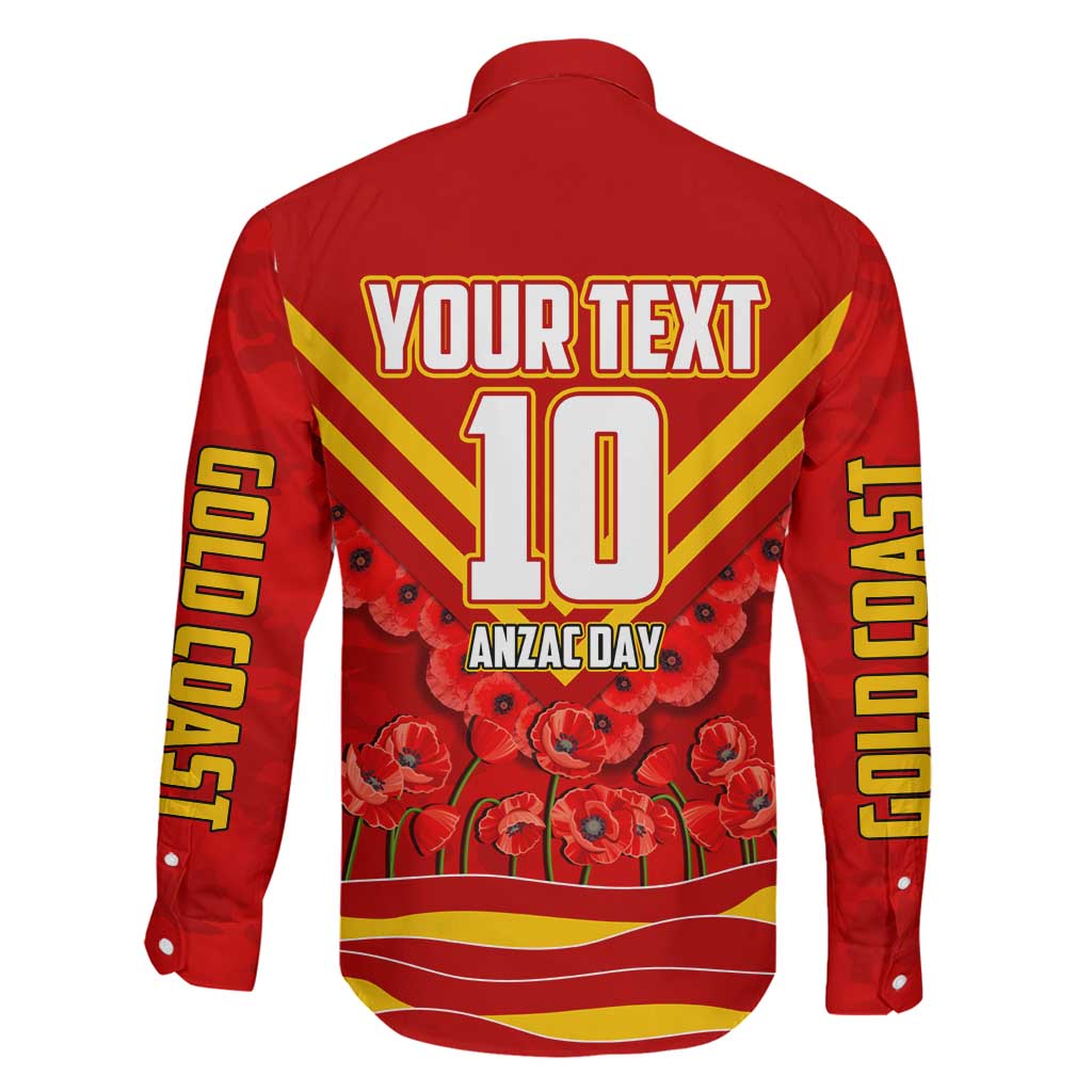 Personalised Gold Coast Suns ANZAC Family Matching Off Shoulder Maxi Dress and Hawaiian Shirt Military Remembrance Australian Football Mascot Camouflage