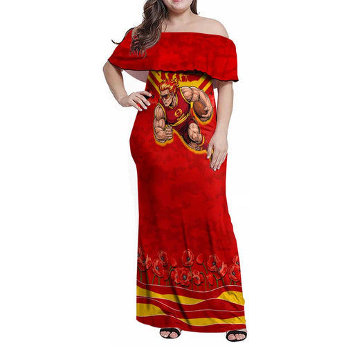 Personalised Gold Coast Suns ANZAC Family Matching Off Shoulder Maxi Dress and Hawaiian Shirt Military Remembrance Australian Football Mascot Camouflage