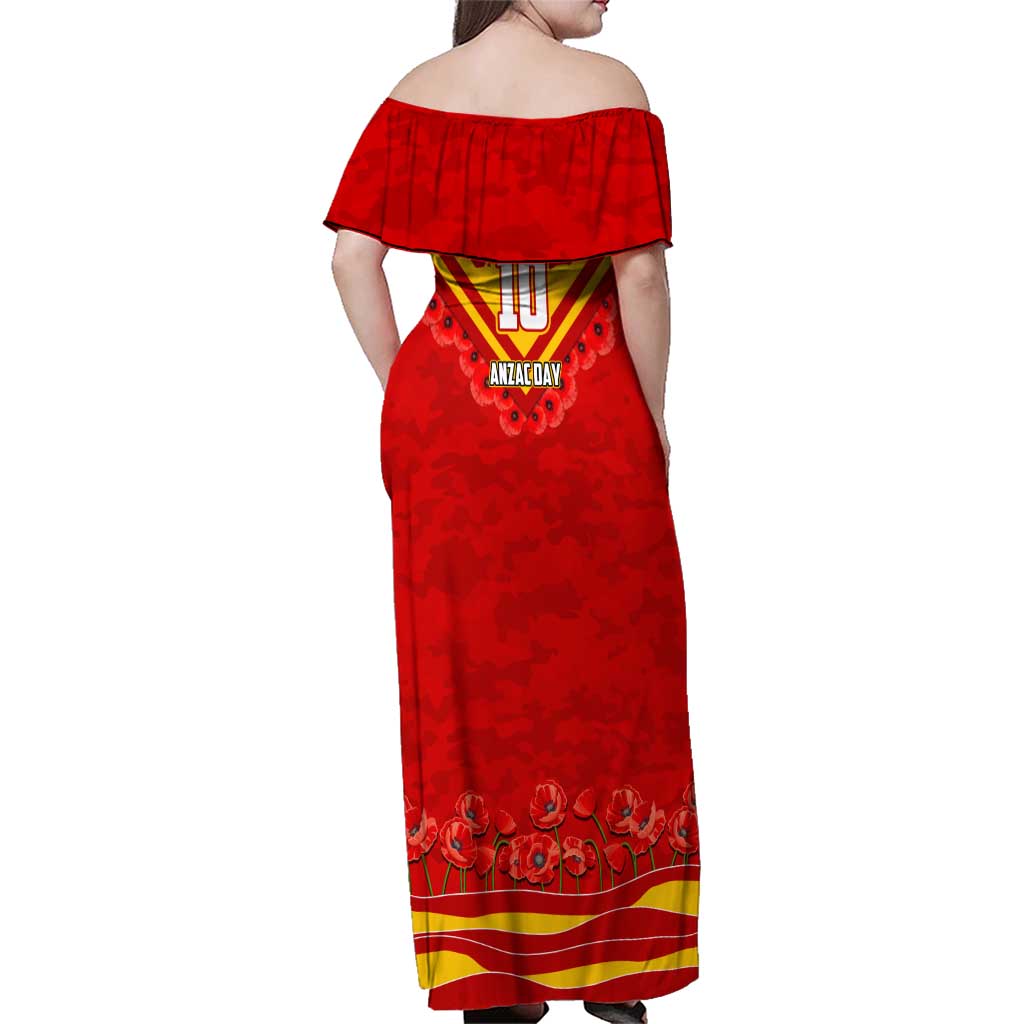 Personalised Gold Coast Suns ANZAC Family Matching Off Shoulder Maxi Dress and Hawaiian Shirt Military Remembrance Australian Football Mascot Camouflage