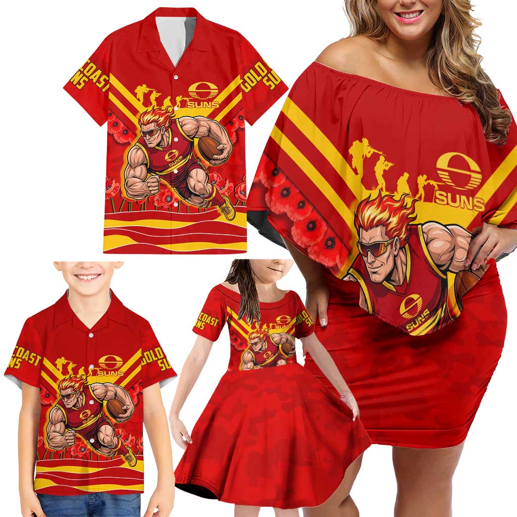 Personalised Gold Coast Suns ANZAC Family Matching Off Shoulder Short Dress and Hawaiian Shirt Military Remembrance Australian Football Mascot Camouflage
