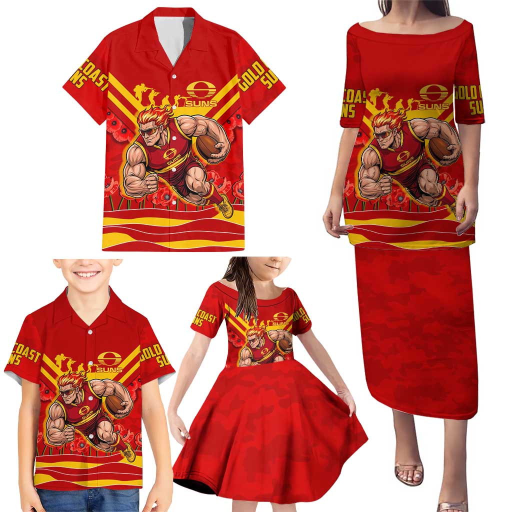 Personalised Gold Coast Suns ANZAC Family Matching Puletasi and Hawaiian Shirt Military Remembrance Australian Football Mascot Camouflage