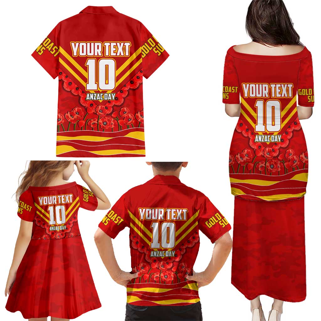 Personalised Gold Coast Suns ANZAC Family Matching Puletasi and Hawaiian Shirt Military Remembrance Australian Football Mascot Camouflage