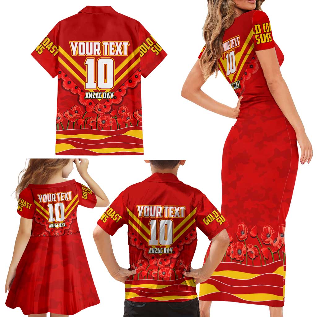 Personalised Gold Coast Suns ANZAC Family Matching Short Sleeve Bodycon Dress and Hawaiian Shirt Military Remembrance Australian Football Mascot Camouflage