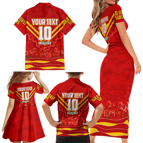 Personalised Gold Coast Suns ANZAC Family Matching Short Sleeve Bodycon Dress and Hawaiian Shirt Military Remembrance Australian Football Mascot Camouflage