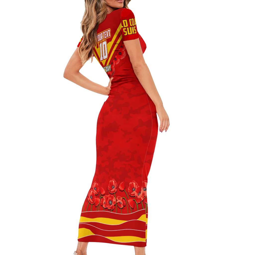Personalised Gold Coast Suns ANZAC Family Matching Short Sleeve Bodycon Dress and Hawaiian Shirt Military Remembrance Australian Football Mascot Camouflage