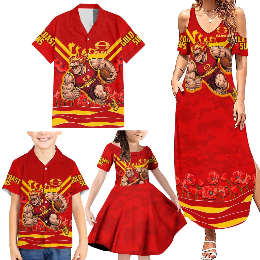 Personalised Gold Coast Suns ANZAC Family Matching Summer Maxi Dress and Hawaiian Shirt Military Remembrance Australian Football Mascot Camouflage