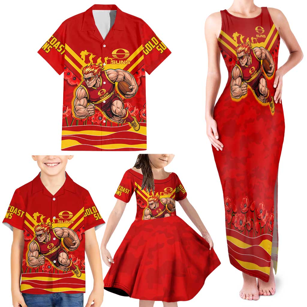 Personalised Gold Coast Suns ANZAC Family Matching Tank Maxi Dress and Hawaiian Shirt Military Remembrance Australian Football Mascot Camouflage