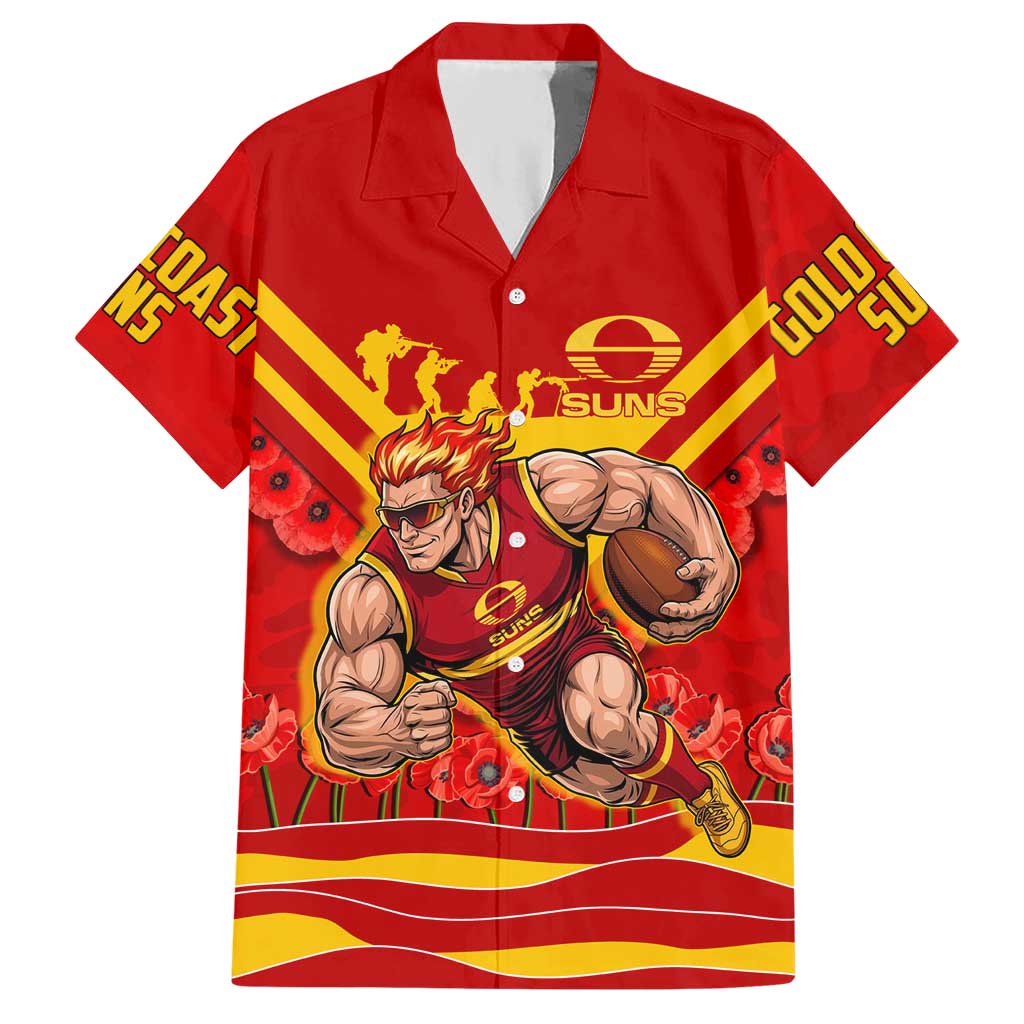 Personalised Gold Coast Suns ANZAC Hawaiian Shirt Military Remembrance Australian Football Mascot Camouflage