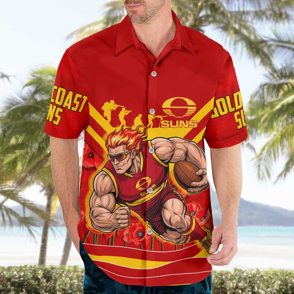 Personalised Gold Coast Suns ANZAC Hawaiian Shirt Military Remembrance Australian Football Mascot Camouflage