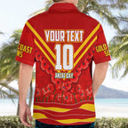 Personalised Gold Coast Suns ANZAC Hawaiian Shirt Military Remembrance Australian Football Mascot Camouflage