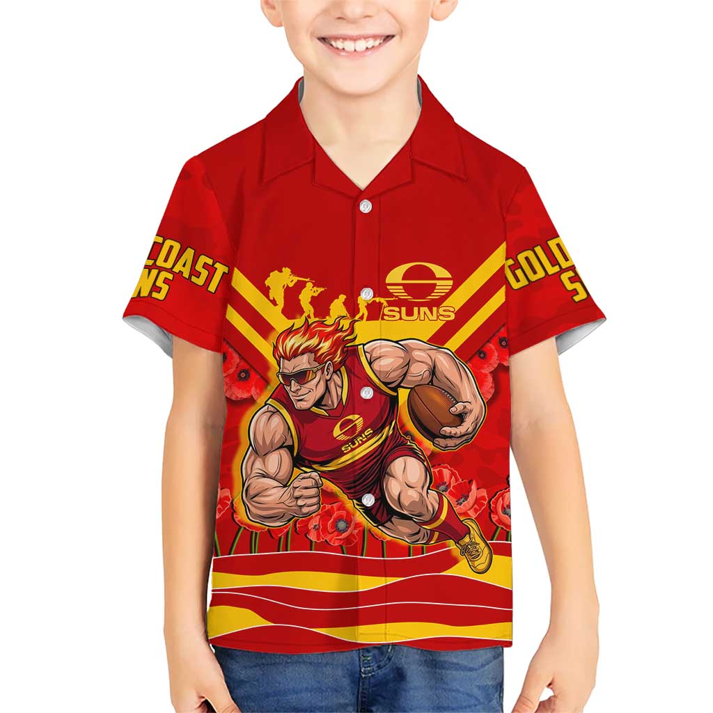 Personalised Gold Coast Suns ANZAC Hawaiian Shirt Military Remembrance Australian Football Mascot Camouflage