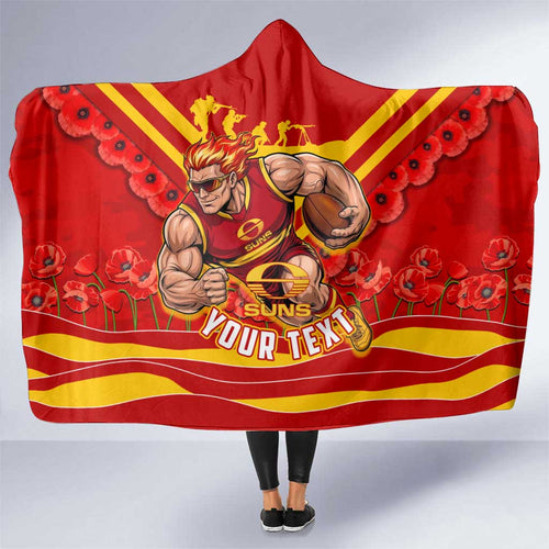 Personalised Gold Coast Suns ANZAC Hooded Blanket Military Remembrance Australian Football Mascot Camouflage