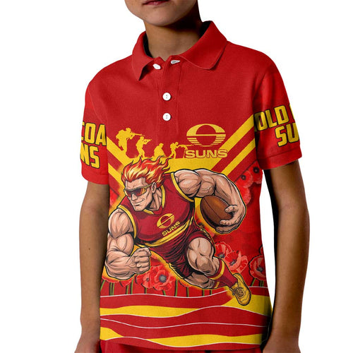 Personalised Gold Coast Suns ANZAC Kid Polo Shirt Military Remembrance Australian Football Mascot Camouflage