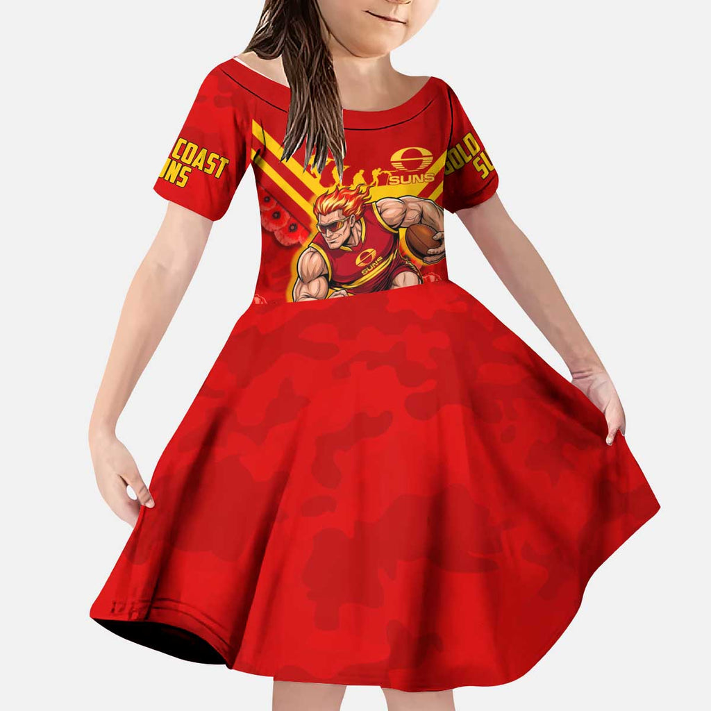 Personalised Gold Coast Suns ANZAC Kid Short Sleeve Dress Military Remembrance Australian Football Mascot Camouflage