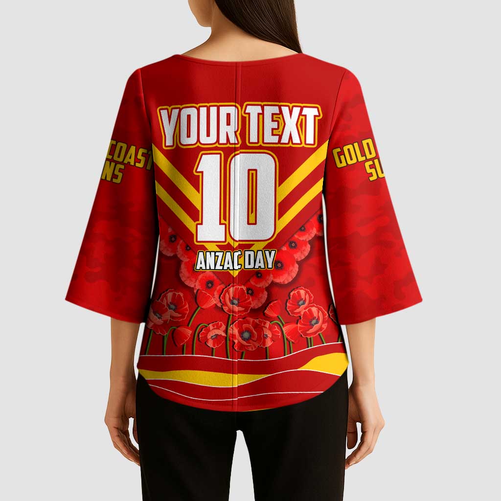 Personalised Gold Coast Suns ANZAC Kimono Sleeve Blouse Military Remembrance Australian Football Mascot Camouflage