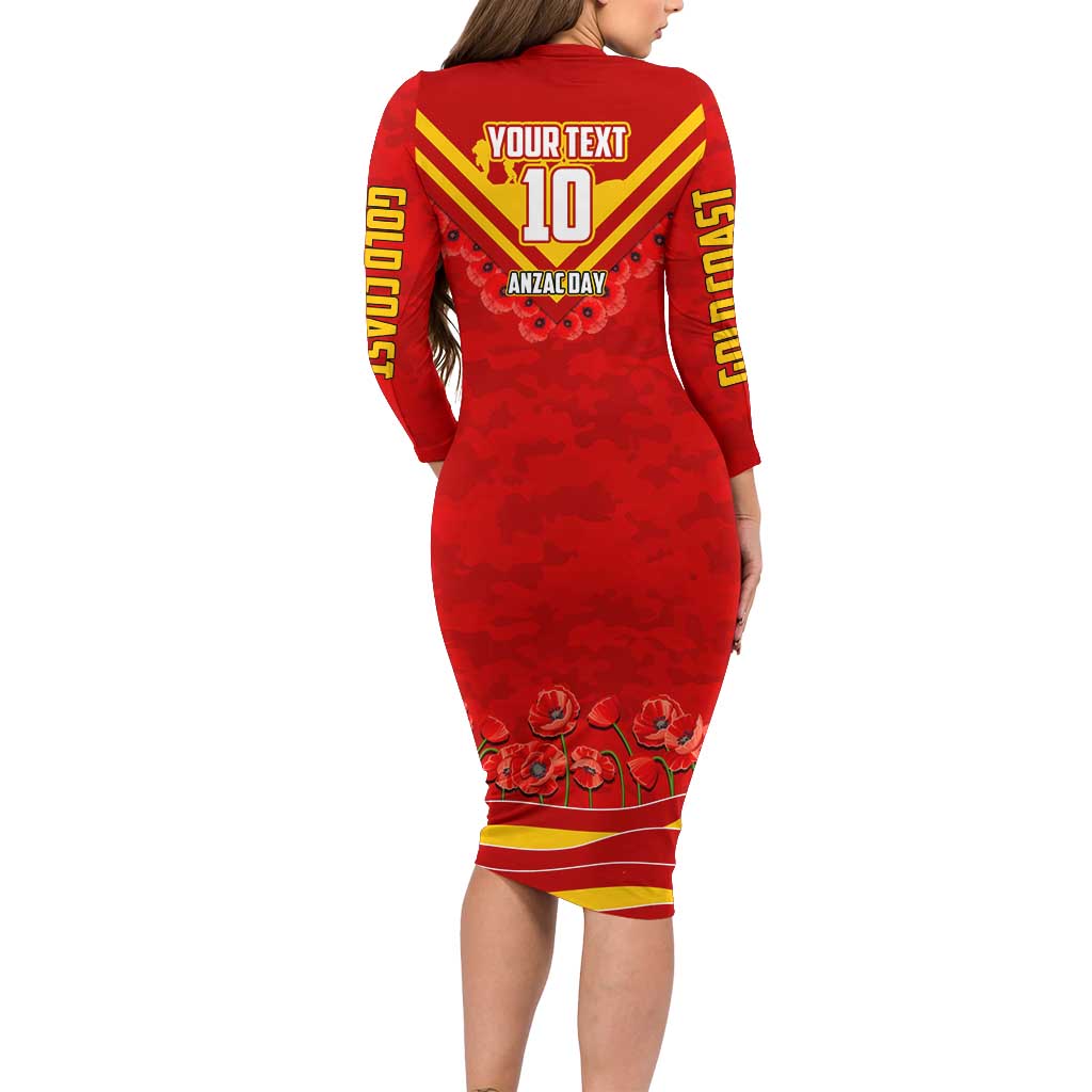 Personalised Gold Coast Suns ANZAC Long Sleeve Bodycon Dress Military Remembrance Australian Football Mascot Camouflage