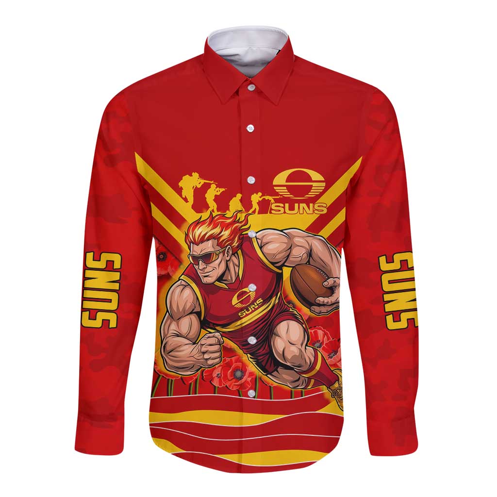 Personalised Gold Coast Suns ANZAC Long Sleeve Button Shirt Military Remembrance Australian Football Mascot Camouflage