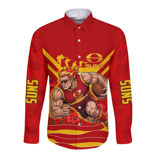 Personalised Gold Coast Suns ANZAC Long Sleeve Button Shirt Military Remembrance Australian Football Mascot Camouflage