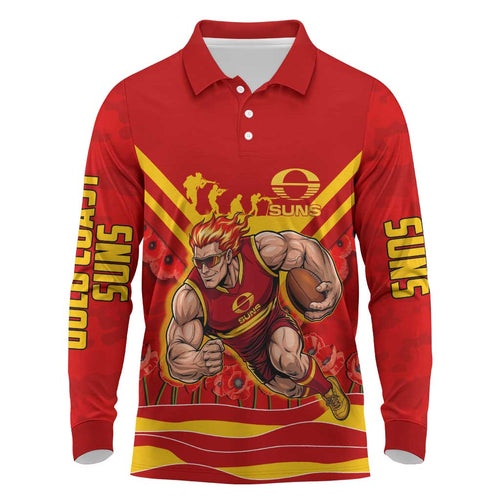 Personalised Gold Coast Suns ANZAC Long Sleeve Polo Shirt Military Remembrance Australian Football Mascot Camouflage