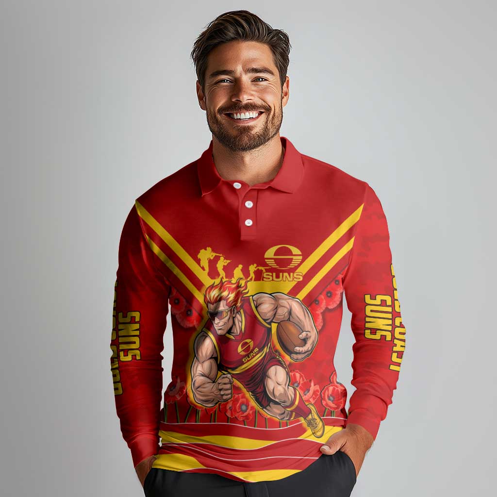 Personalised Gold Coast Suns ANZAC Long Sleeve Polo Shirt Military Remembrance Australian Football Mascot Camouflage