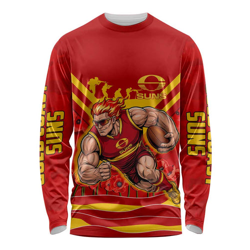 Personalised Gold Coast Suns ANZAC Long Sleeve Shirt Military Remembrance Australian Football Mascot Camouflage