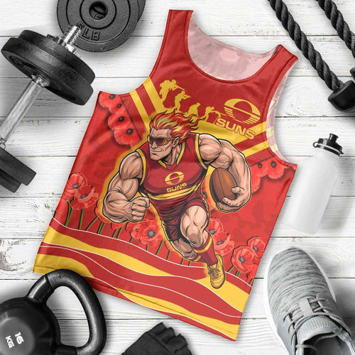 Personalised Gold Coast Suns ANZAC Men Tank Top Military Remembrance Australian Football Mascot Camouflage