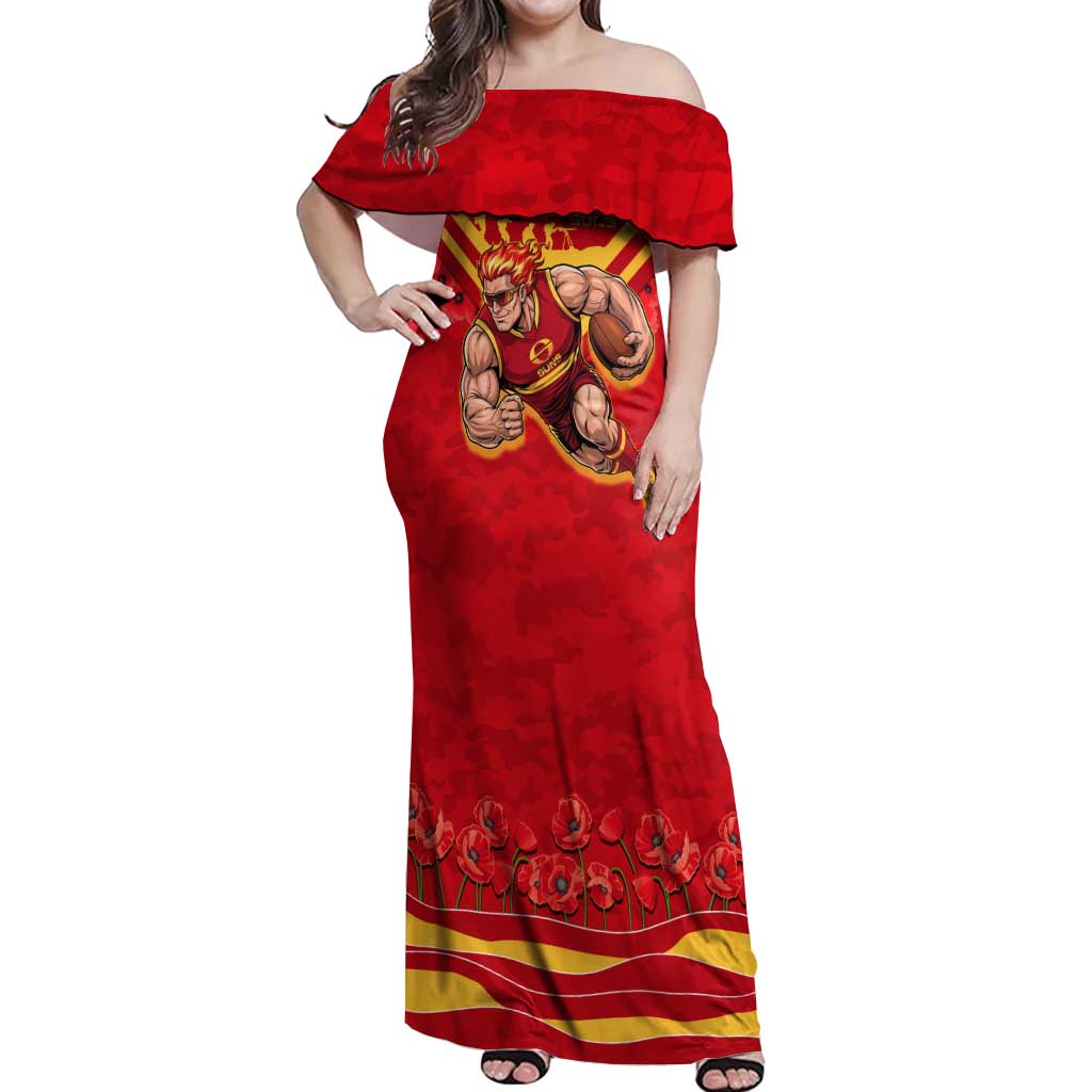Personalised Gold Coast Suns ANZAC Off Shoulder Maxi Dress Military Remembrance Australian Football Mascot Camouflage