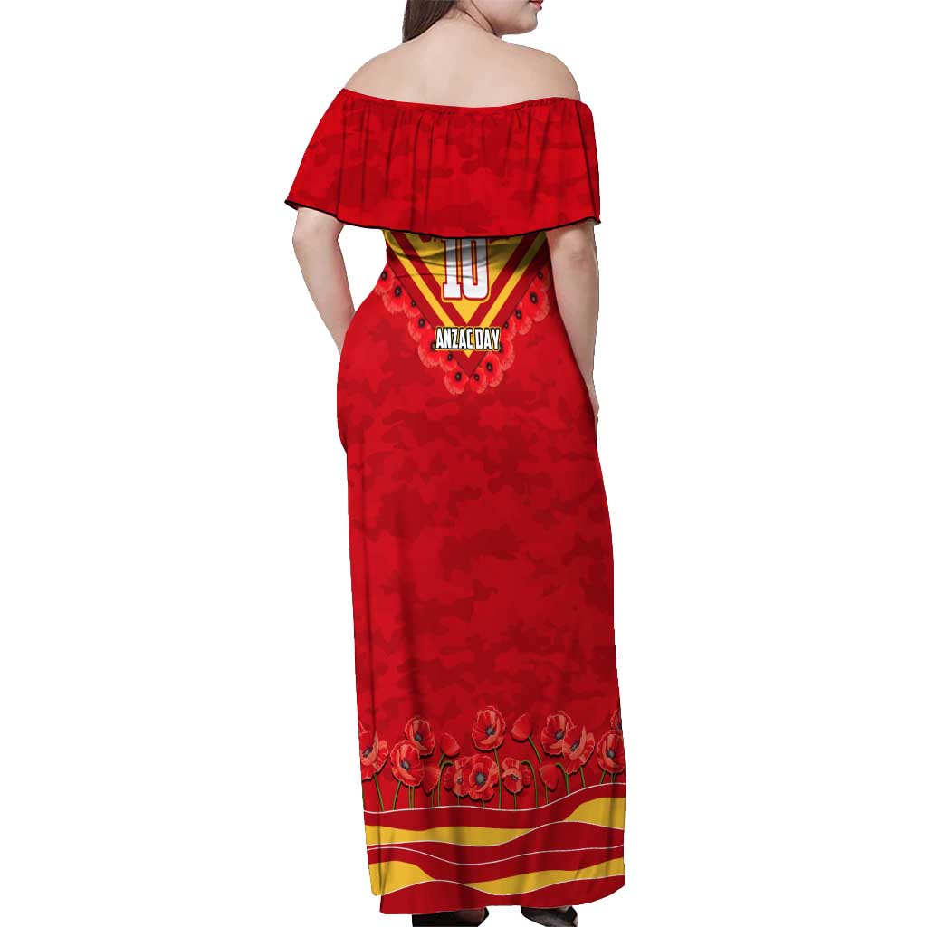 Personalised Gold Coast Suns ANZAC Off Shoulder Maxi Dress Military Remembrance Australian Football Mascot Camouflage