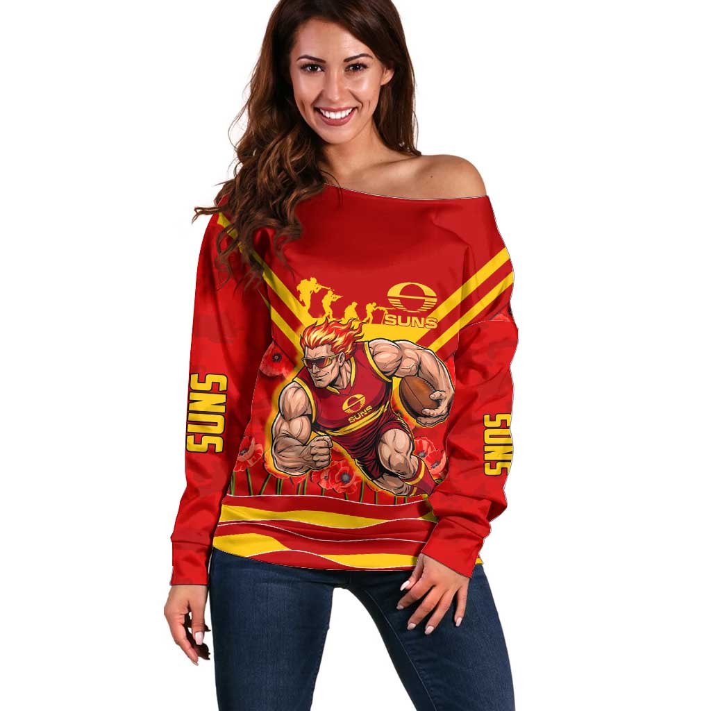 Personalised Gold Coast Suns ANZAC Off Shoulder Sweater Military Remembrance Australian Football Mascot Camouflage