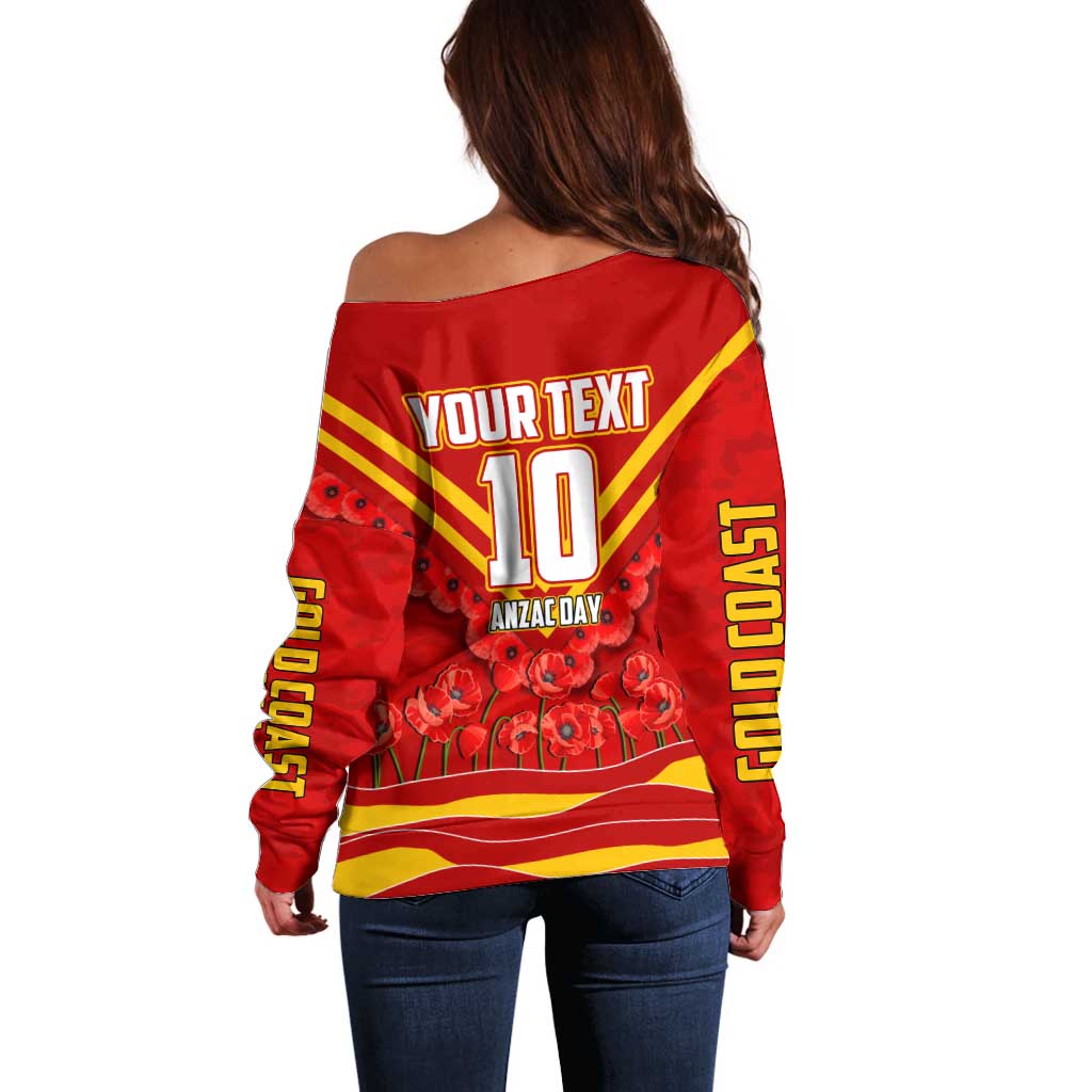 Personalised Gold Coast Suns ANZAC Off Shoulder Sweater Military Remembrance Australian Football Mascot Camouflage