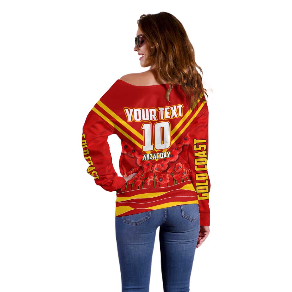 Personalised Gold Coast Suns ANZAC Off Shoulder Sweater Military Remembrance Australian Football Mascot Camouflage