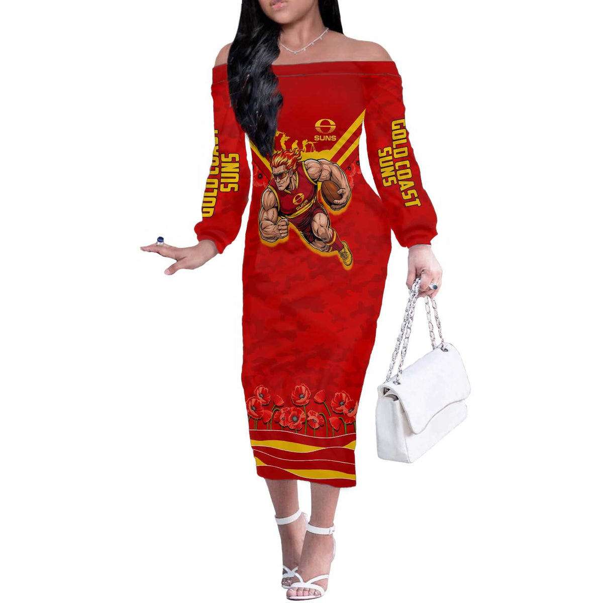 Personalised Gold Coast Suns ANZAC Off The Shoulder Long Sleeve Dress Military Remembrance Australian Football Mascot Camouflage