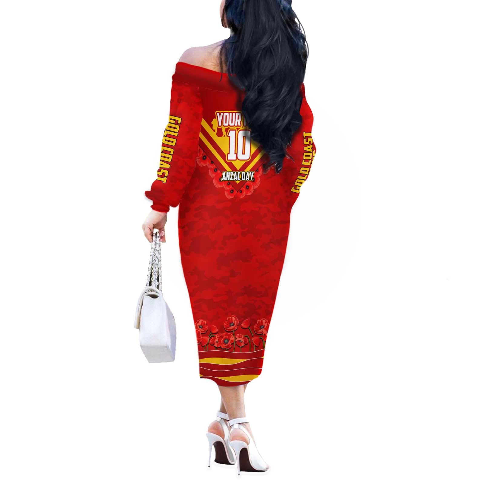 Personalised Gold Coast Suns ANZAC Off The Shoulder Long Sleeve Dress Military Remembrance Australian Football Mascot Camouflage